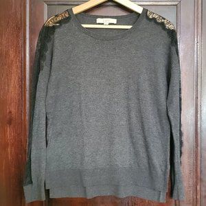 Loft charcoal gray cotton/silk blend sweater, eyelash lace sleeve inset